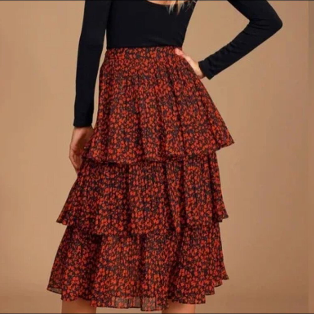 Lulus Duarte Black and Red Floral Pleated Tiered Ethereal Midi Skirt (Size M)